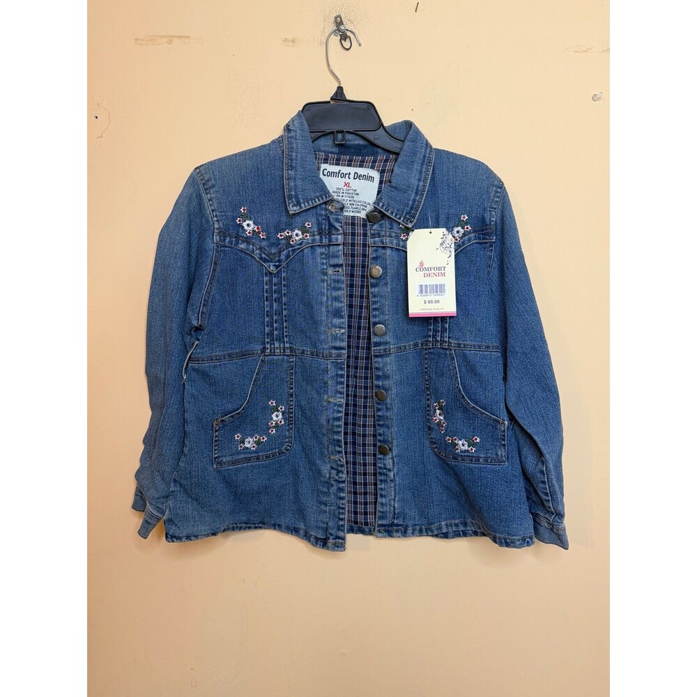 NWT Comfort Denim blue jean jacket girls XL embroidered floral details